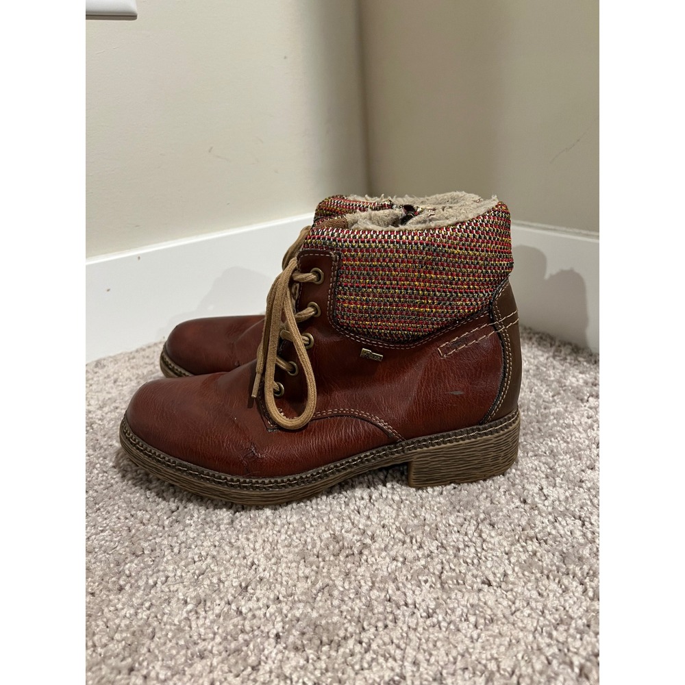 Rieker Mary Lee BX Brown Leather Knit Collar Sprin Step Lined Ankle Boots 38